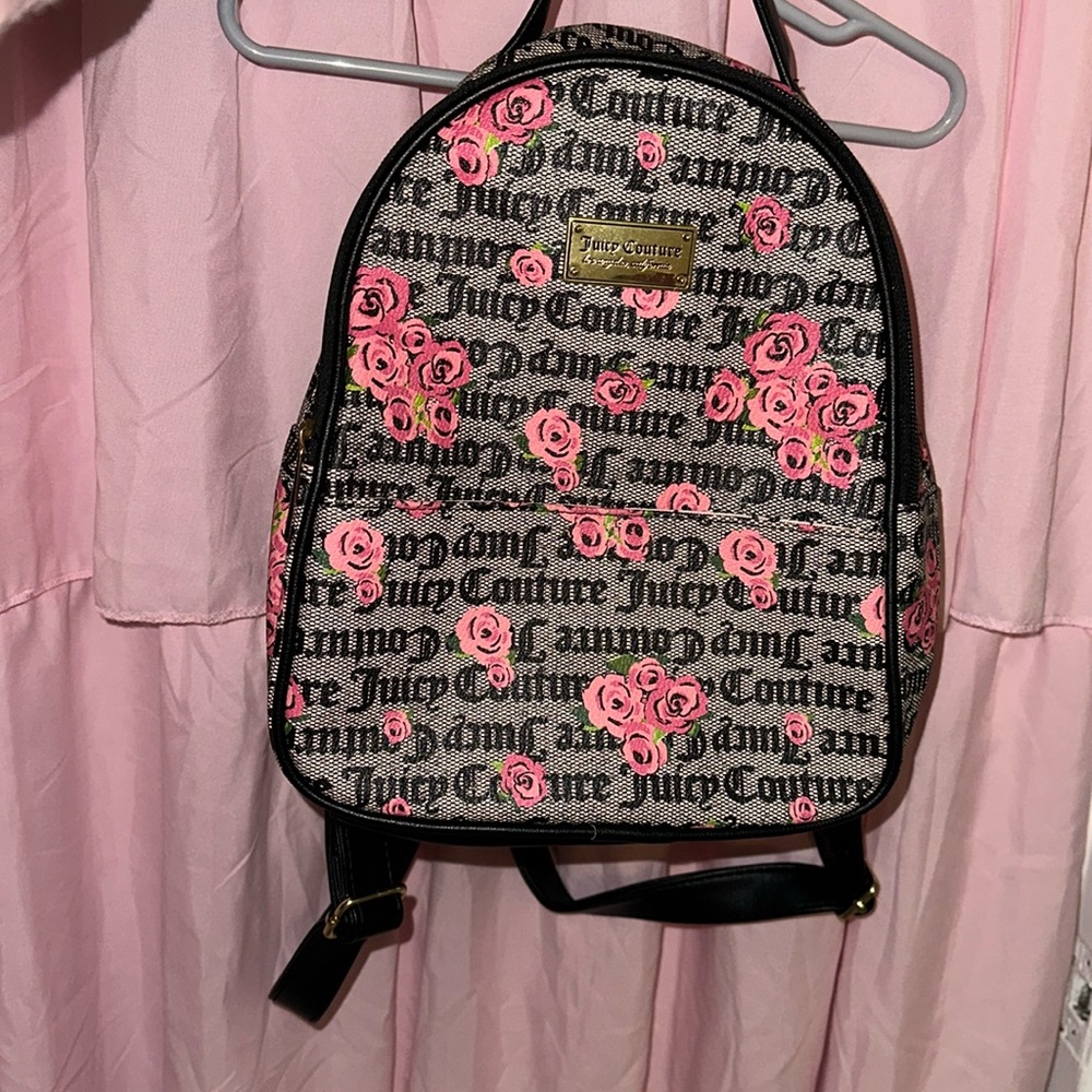 NWOT Juicy Couture Pink Rose Print
Black Logo Faux Leather Backpack